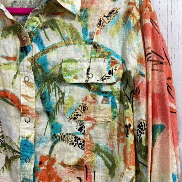 Vintage Chicos 100% Linen Tropical Snap Button Shirt Size L Coastal Grandma 90s - Picture 8 of 16